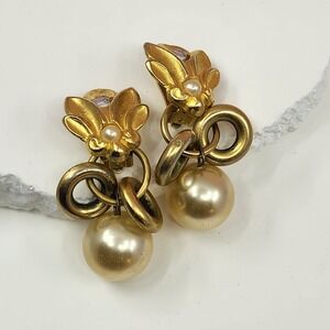NORMA JEAN Gold Tone Faux Pearl Floral Dangle Clip On Earrings Vintage Statement